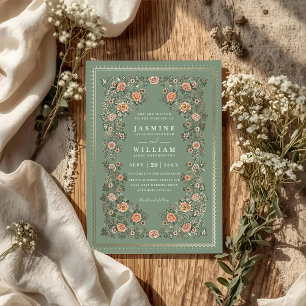 Sage Vintage Blooming Floral Chic QR Code Wedding Invitation