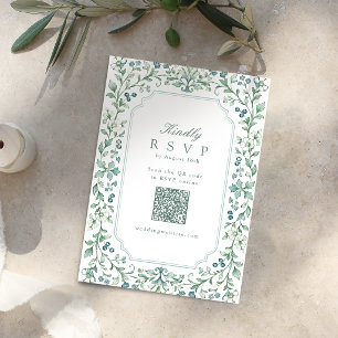 Sage Vintage Botanical Floral QR Code Wedding RSVP Card