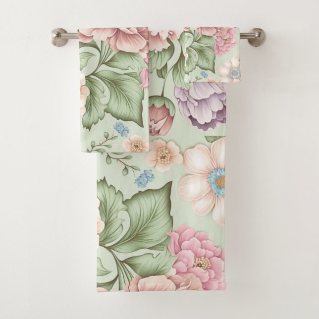 SAGE VINTAGE FLORAL BATHROOM TOWEL SET (Insitu)