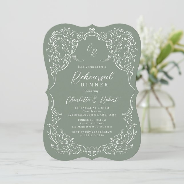 Sage Vintage Flourish Monogram Rehearsal Dinner Invitation (Standing Front)