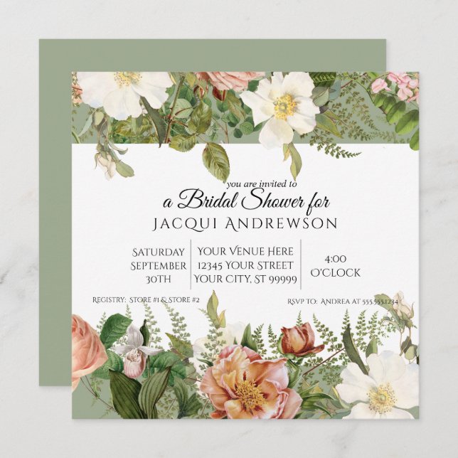 Sage w Blush Pink Ivory Roses Floral Bridal Shower Invitation (Front/Back)