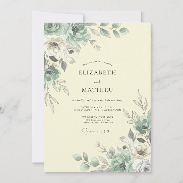 Sage Watercolor Botanical Wedding Invitation (Front)