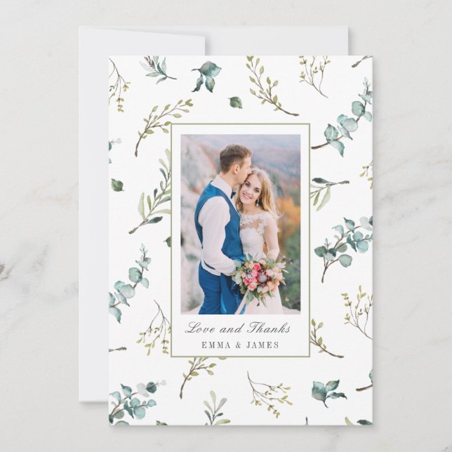 Sage Watercolor Eucalyptus Pattern Photo Wedding   Thank You Card (Front)