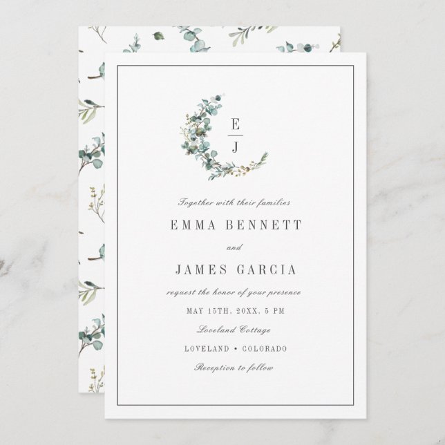 Sage Watercolor Eucalyptus Wreath Monogram Wedding Invitation (Front/Back)