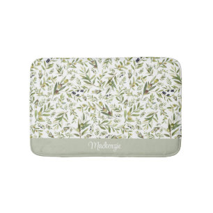 Sage Watercolor French Country Olive Name Monogram Bath Mat