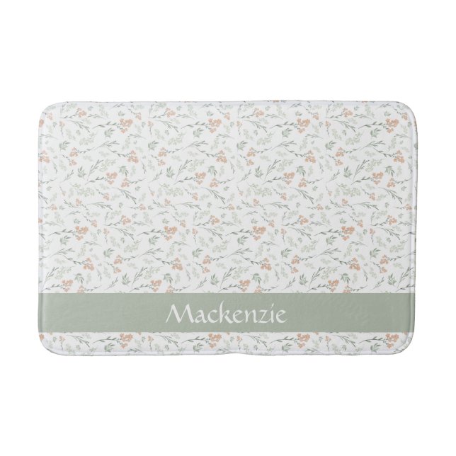 Sage Watercolor Wildflower Floral Custom Name Bath Mat (Front)