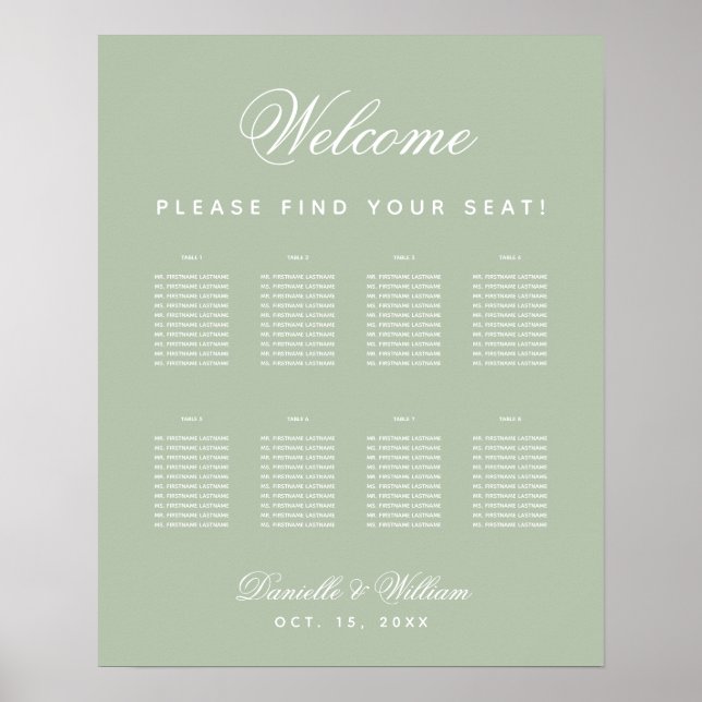 Sage Wedding 8 Table Simple Green Seating Chart (Front)