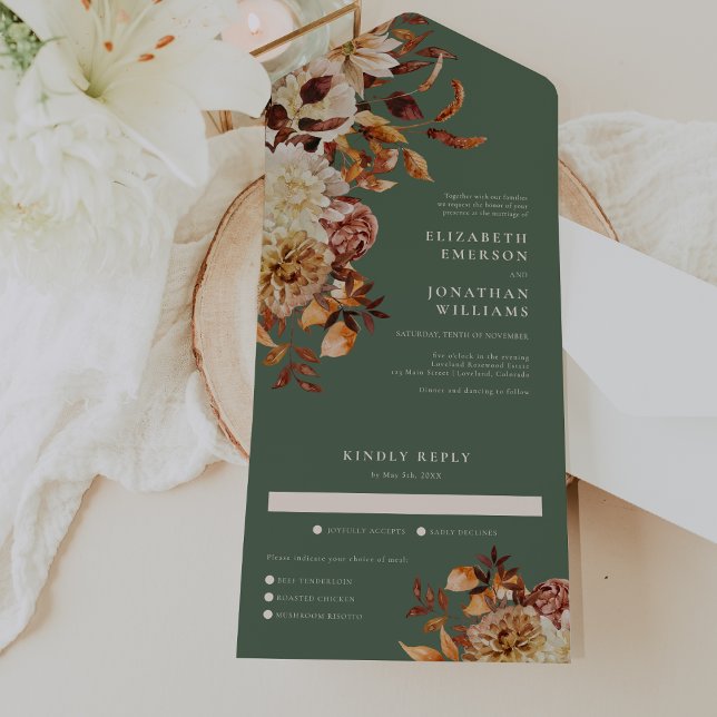 Sage Wedding All In One Invitation (Sage Green Copper Leaves Fall Wedding All In One Invitation by Painted Paperie
)