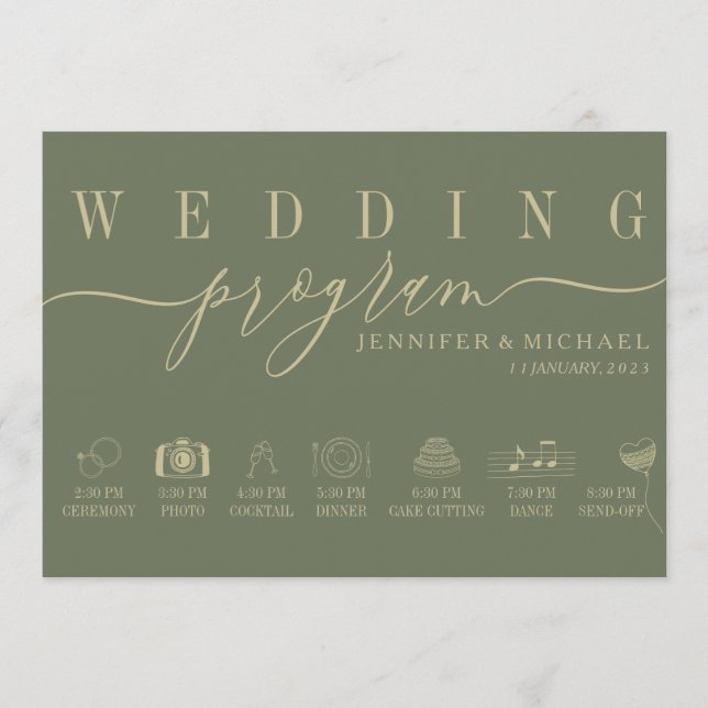 Sage Wedding Custom Icon Timeline ceremony plan Programme (Front)