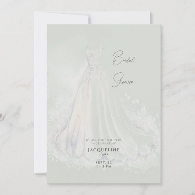 Sage Wedding Dress Bridal Shower Invitation (Front)