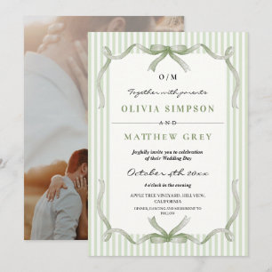 Sage Wedding Theme Bow and Stripe Invitation