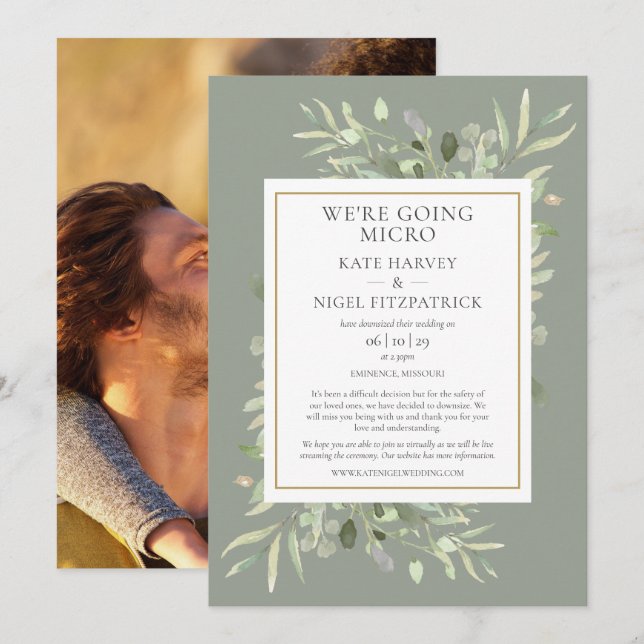 Sage Were Going Micro Downsized Photo Wedding Invitation (Front/Back)