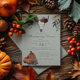 Sage Western Thanksgiving Cow Skull Fall Harvest Invitation