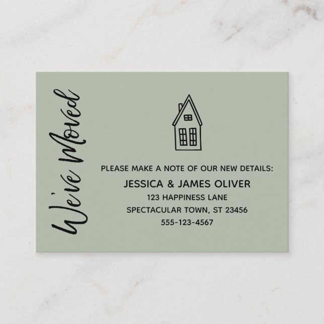 Sage "We've Moved" Card w/ Little House Drawing (Front)