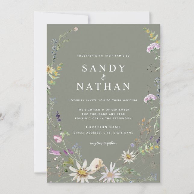 Sage Whimsical Wildflower Botanical Wedding  Invitation (Front)
