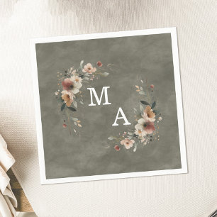 Sage Whisper Green Floral Wreath Wedding Monogram Napkin