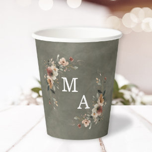Sage Whisper Green Floral Wreath Wedding Monogram Paper Cups