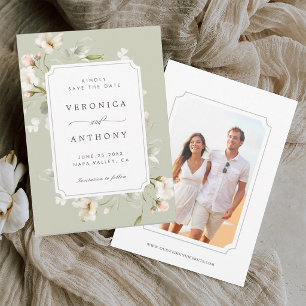 Sage White Blush Elegant Floral Wedding Photo Save The Date