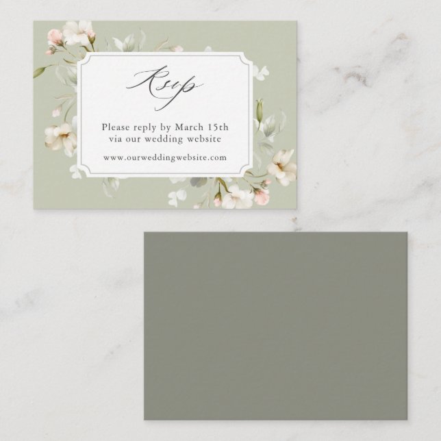 Sage White Blush Floral Wedding Website RSVP Enclosure Card (Front/Back)