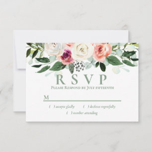 Sage White Blush Peach Floral RSVP Card