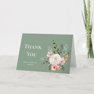 Sage White Blush Peach Floral Thank You Note Card