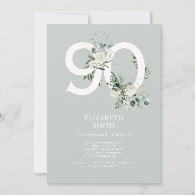 Sage White Floral Elegant 90th Birthday Party  Invitation (Front)