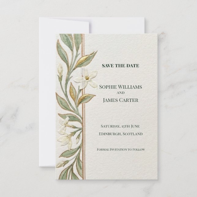Sage White Floral Save The Date Card (Front)