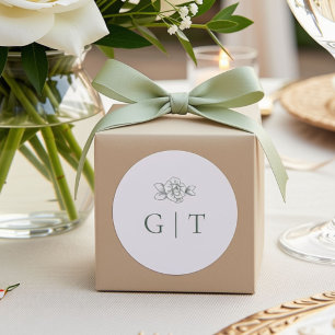 Sage & White Floral Wedding Initials Classic Round Sticker