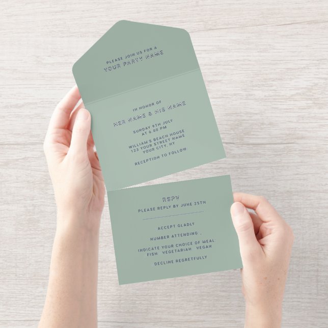 Sage White | Minimalist Modern Elegant Foil All In One Invitation (Tearaway)