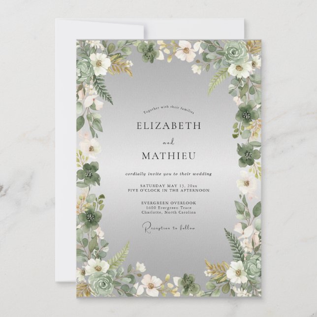 Sage White Organic Floral Wedding Invitation (Front)