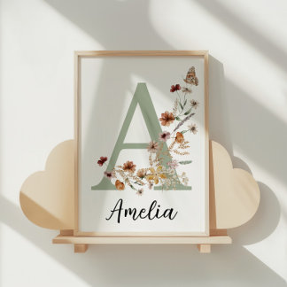 Sage Wildflower Boho Girl Nursery Name Monogram Poster