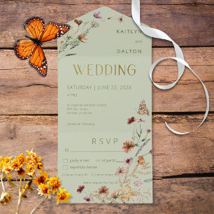 Sage Wildflower Bouquets All in One Wedding Invite