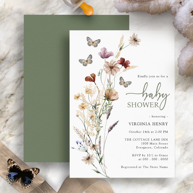 Sage Wildflower Butterfly Baby Shower Invitation (Boho Wildflower Butterfly Sage Green Baby Shower Invitation )