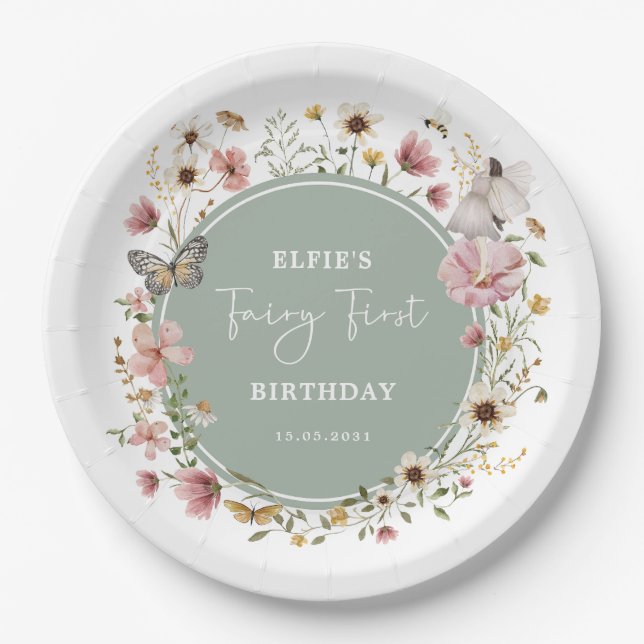 Sage Wildflower Fairy Princess Birthday Tea Party Paper Plate (Front)