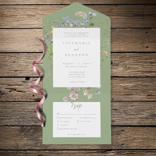 Sage Wildflower Garden Elegant Wedding All In One Invitation