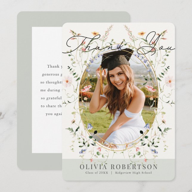Sage Wildflower Photo Graduation Thank You Card (Front/Back)