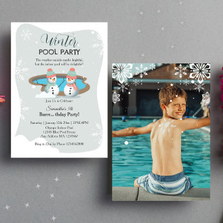 Sage Winter Pool Birthday Party Photo Invitation