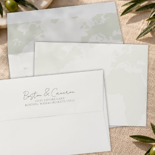 Sage World Map Destination Wedding Return Address Envelope