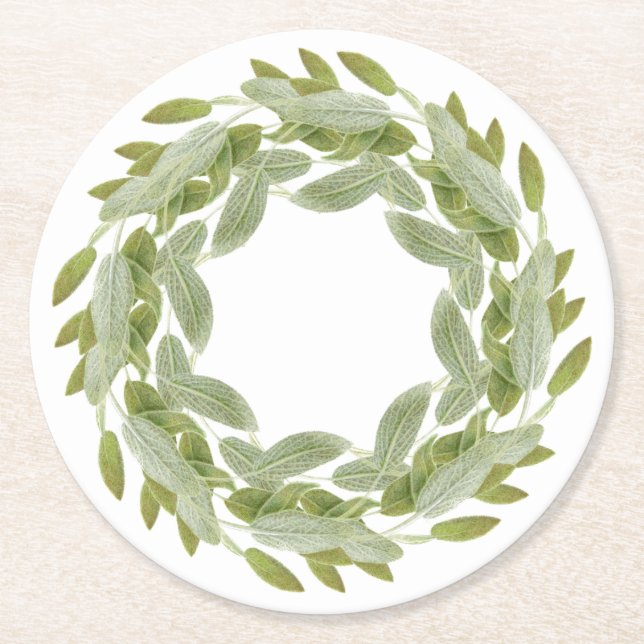SAGE WREATH Round Paper Coasters (Front)
