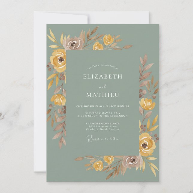 Sage Yellow Botanical Flourish Wedding Invitation (Front)