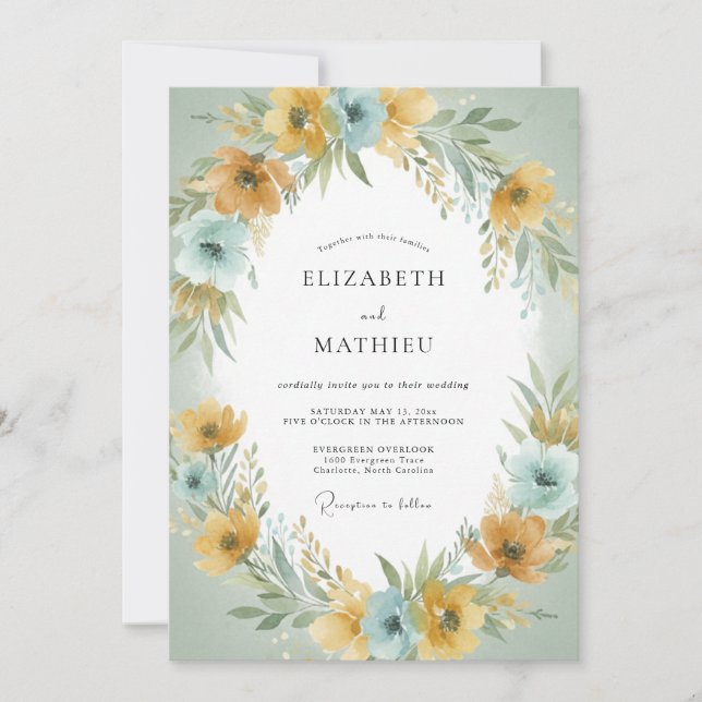 Sage Yellow Floral Garland Wedding Invitation (Front)