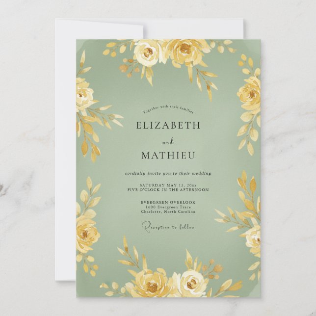 Sage Yellow Floral Romance Wedding Invitation (Front)