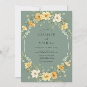 Sage Yellow Floral Wreath Wedding Invitation
