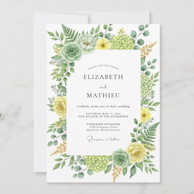 Sage Yellow Serene Botanical Wedding Invitation (Front)