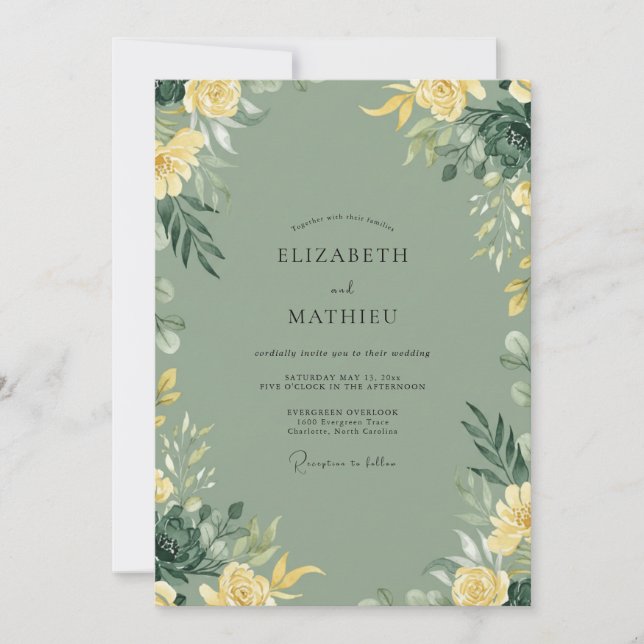 Sage Yellow Watercolor Wedding Invitation (Front)