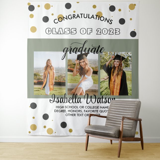 SageGreen Large 3 Photos Graduation Party Backdrop Tapestry (In Situ)