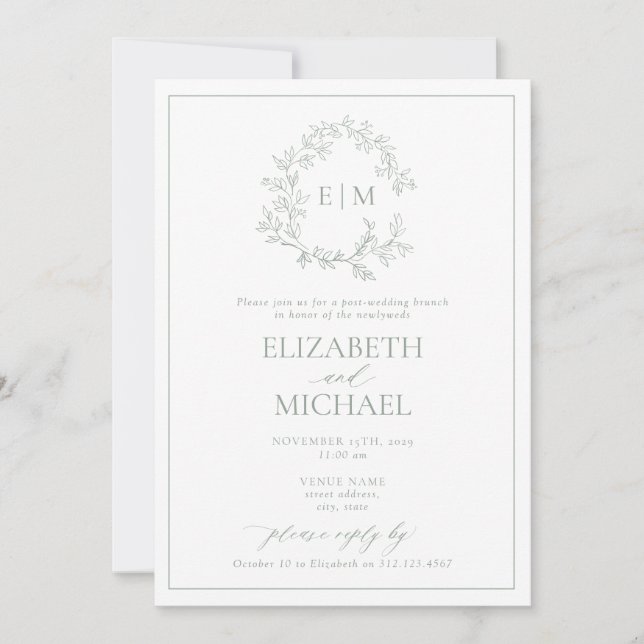 SageGreen Leafy Crest Monogram Post Wedding Brunch Invitation (Front)
