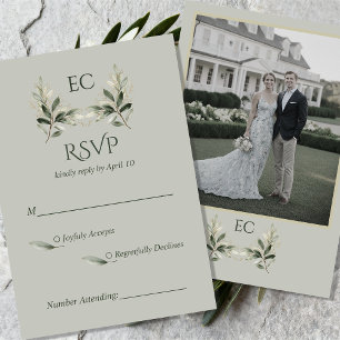 SageGreen Olive Branch Monogram Photo Wedding RSVP Card