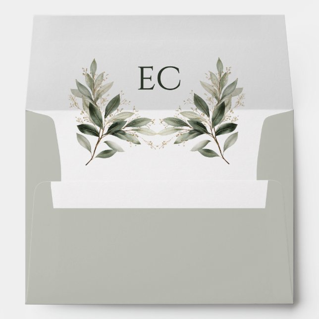 SageGreen Olive Branch Monogram Wedding Envelope (Back (Bottom))
