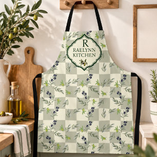  SageGreen Watercolor Olive Pattern Monogram  Apron